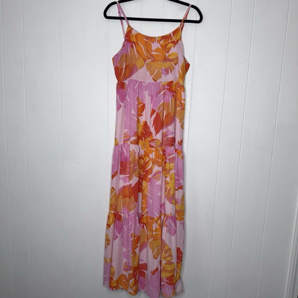 En Crème Women’s Floral Tiered Maxi Dress Sleeveless Orange Pink Size Medium